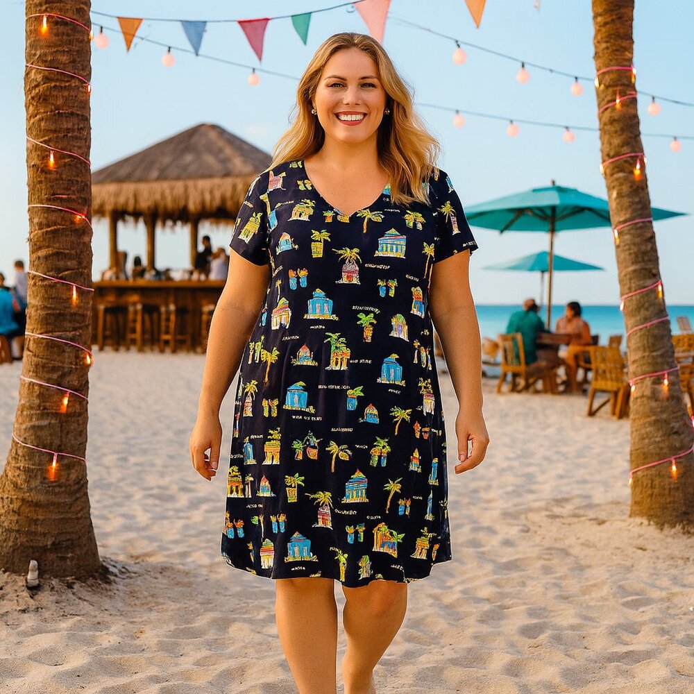 Talbots Navy Graphic Short Sleeve Shift Tropical Resort Coastal Dress Women 6